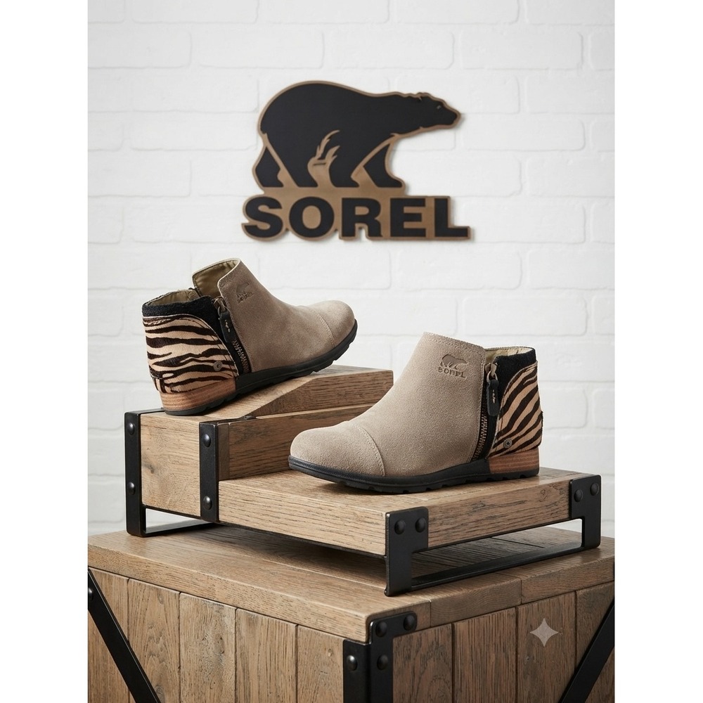 Sorel Emelie luxury Chelsea Ankle Boots Tan Suede Tiger Print Calf Hair Booties